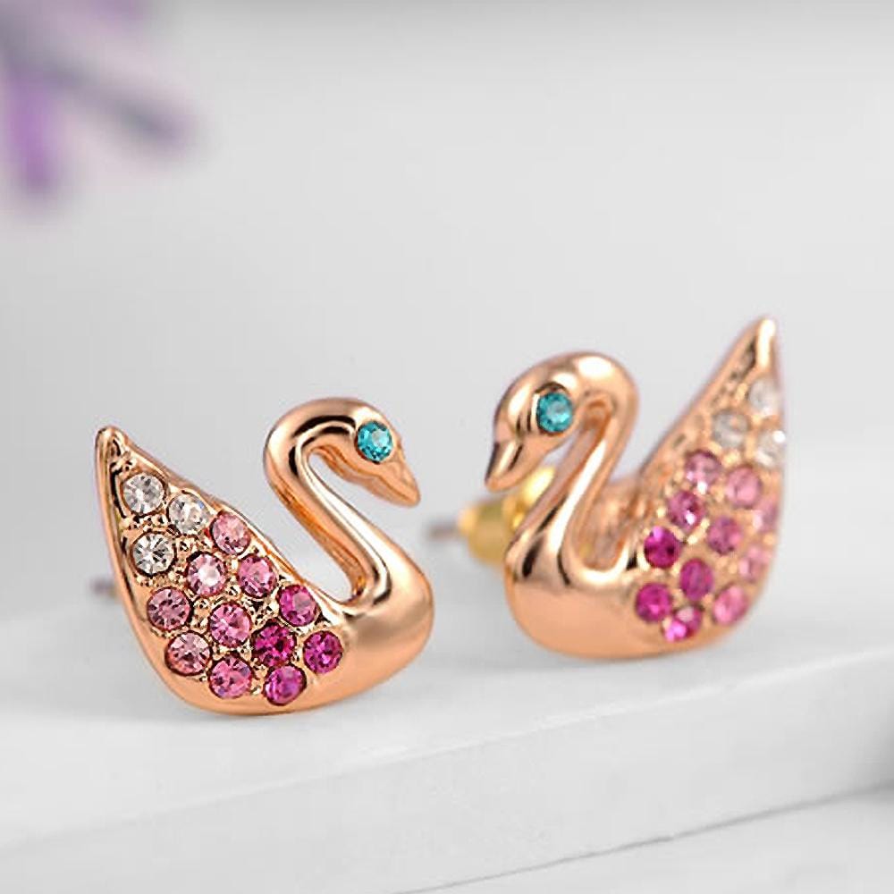 Embellished with Austrian Crystals Swan Rose Gold Layered Stud Earrings - Brilliant Co