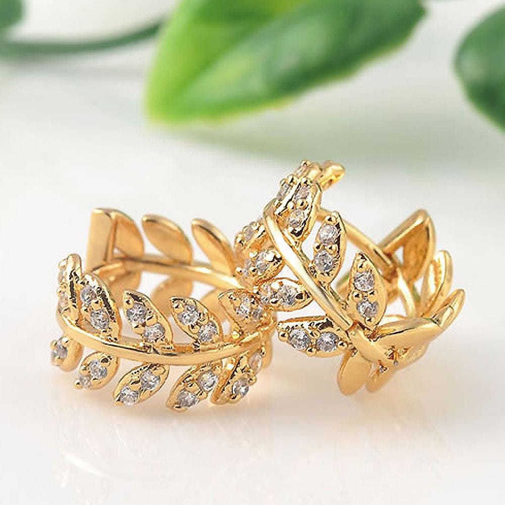 Greek Leaf Adorned with Created Diamonds Gold Layered Huggie Earrings - Brilliant Co
