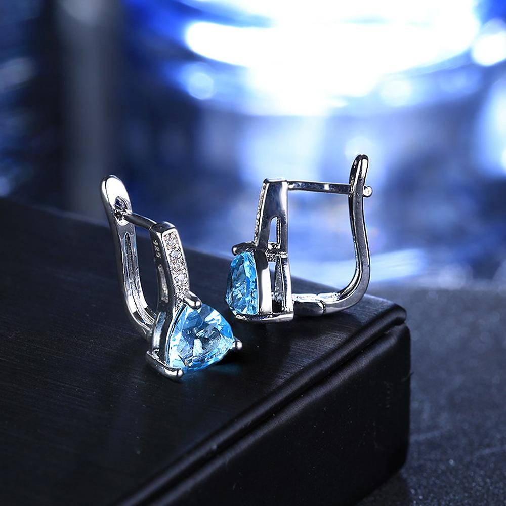 Stunning Blue Zirconia Triangular Latchback White Gold Plated Earrings