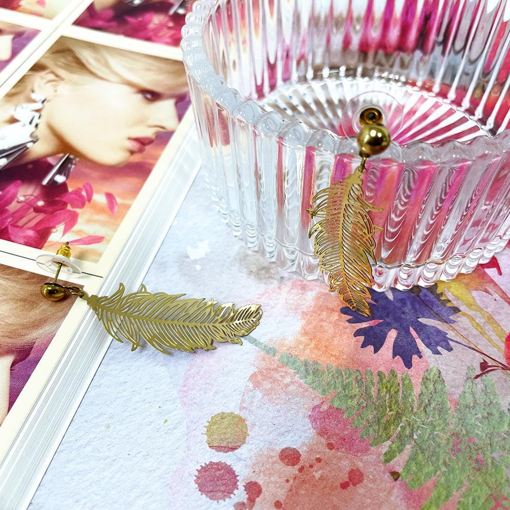 Laser Cut Feather Earrings in Gold - Brilliant Co