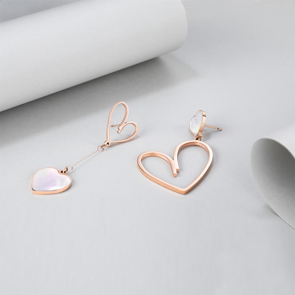 Open-Hearted MOP Shell Inlaid Asymmetrical Earrings Rose Gold Layered