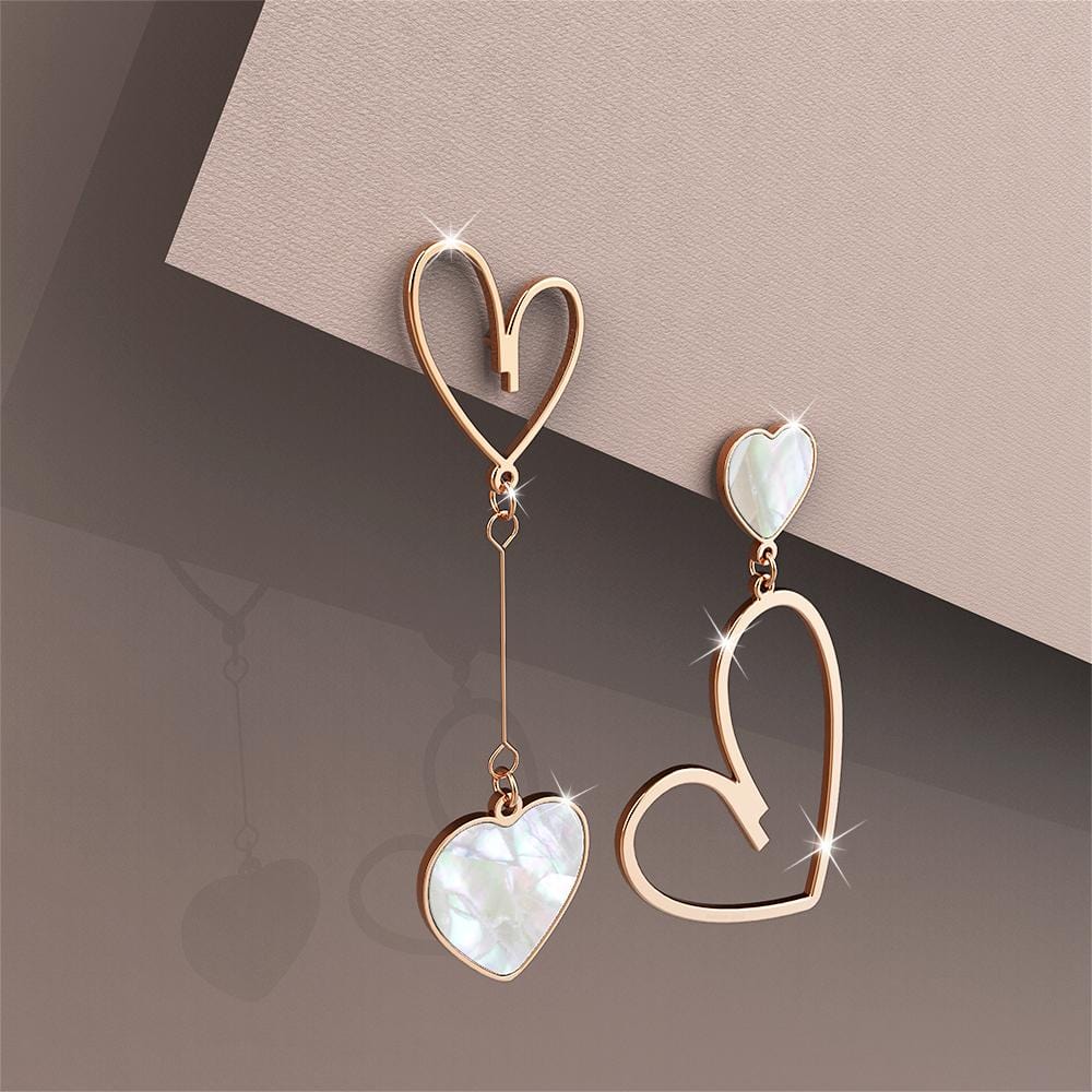 Open-Hearted MOP Shell Inlaid Asymmetrical Earrings Rose Gold Layered