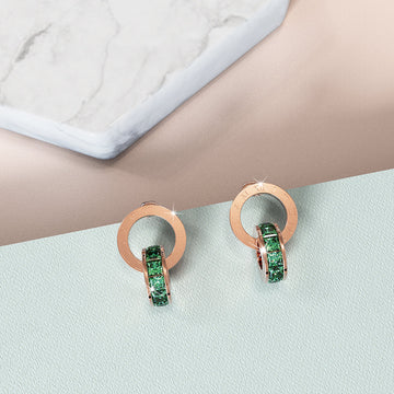 Pisces Round Interlock Dangle Rose Gold Layered Earrings Green