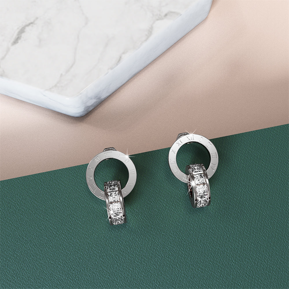 Pisces Round Interlock Dangle White Gold Layered Earrings Clear