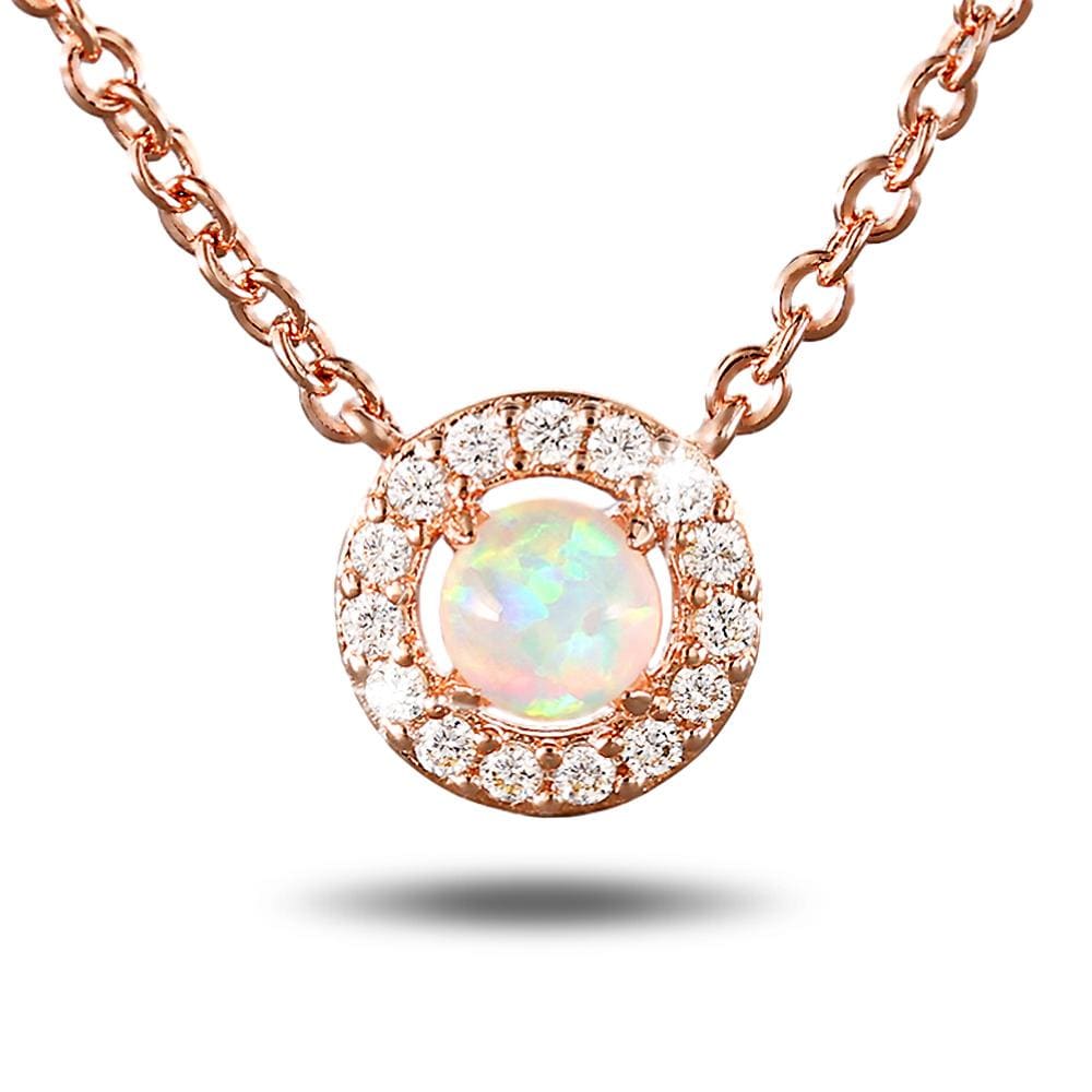 Green Cabochon Imitation Opal Created Diamond Halo Rose Gold Layered Necklace