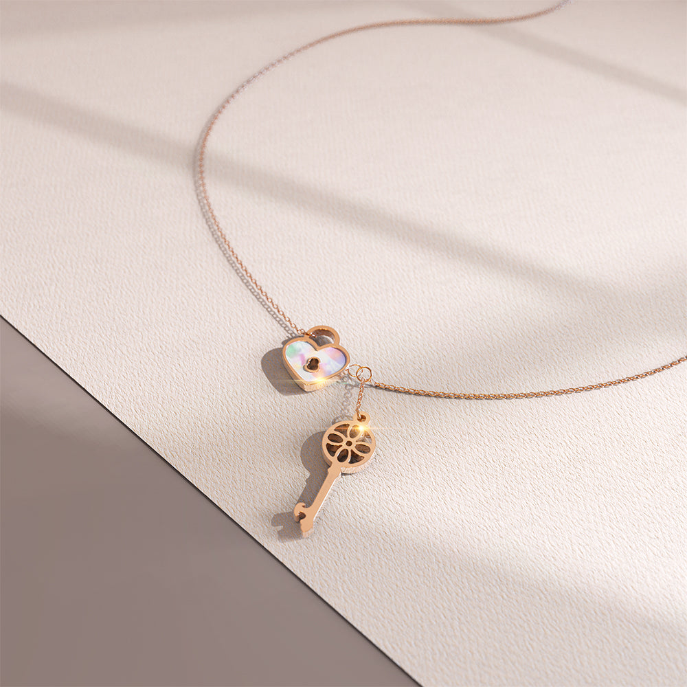 Flower pattern key & lock in Rose Gold Layered Steel Jewellery