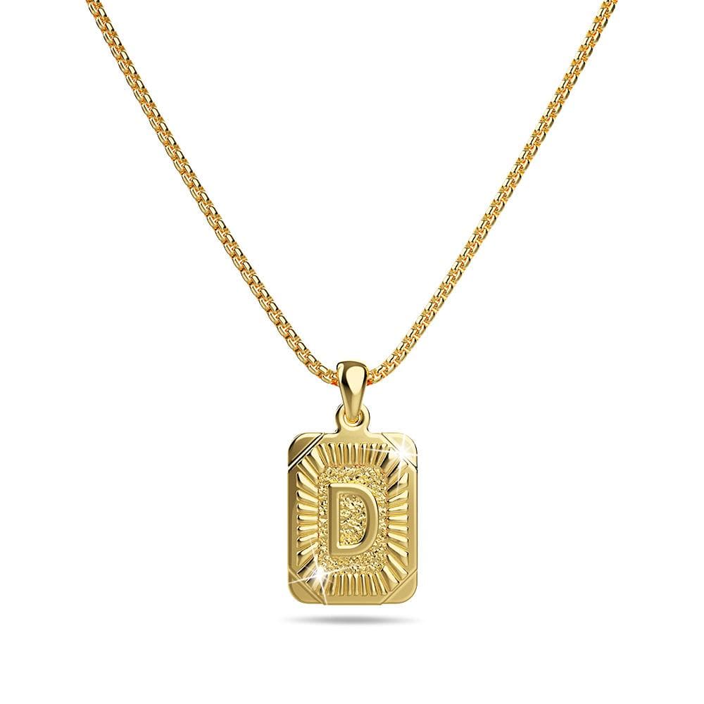 Vintage Inspired Initial Medal Gold Bar Pendant Round Box Chain Necklace - 14