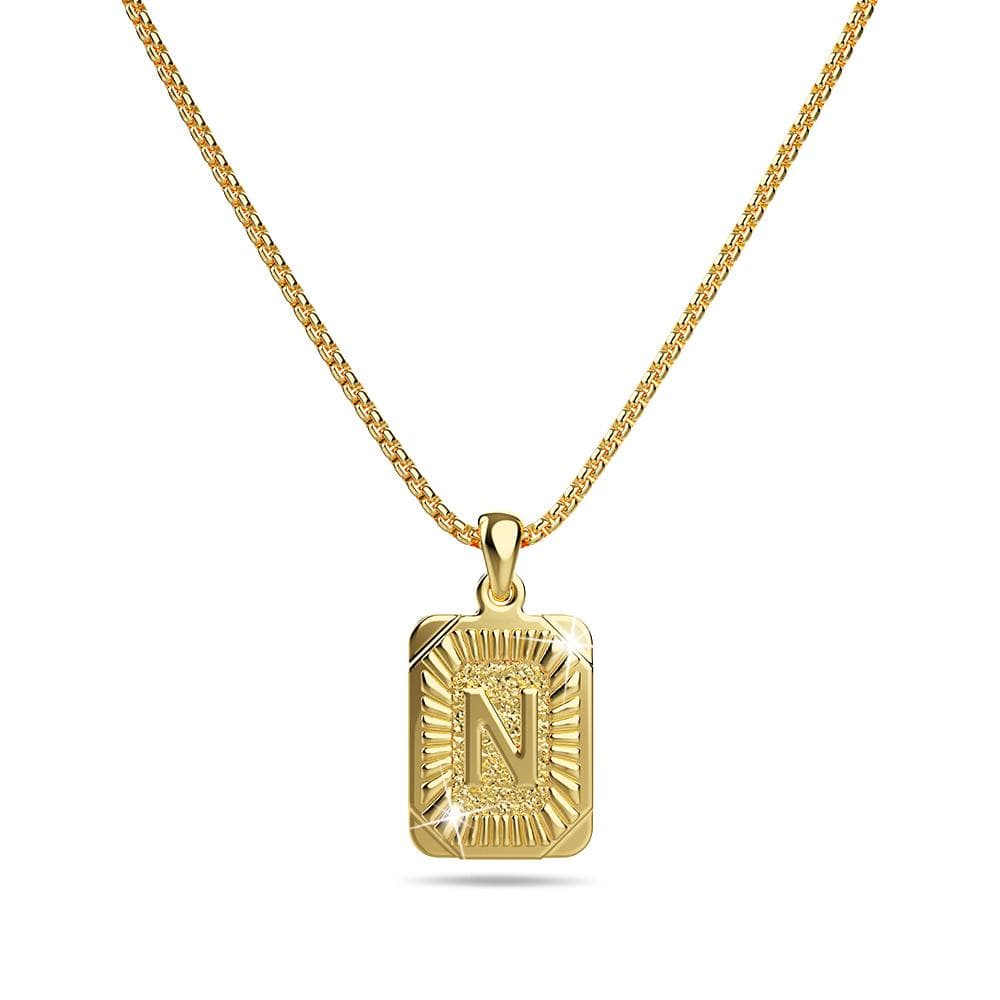 Vintage Inspired Initial Medal Gold Bar Pendant Round Box Chain Necklace - 54