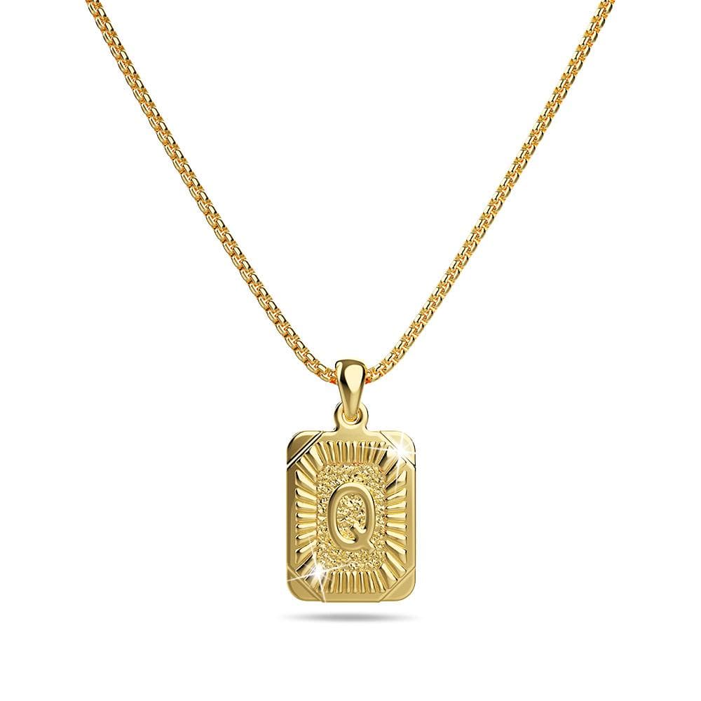 Vintage Inspired Initial Medal Gold Bar Pendant Round Box Chain Necklace - 66