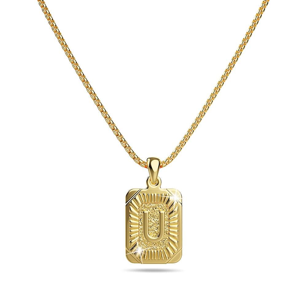Vintage Inspired Initial Medal Gold Bar Pendant Round Box Chain Necklace - 82