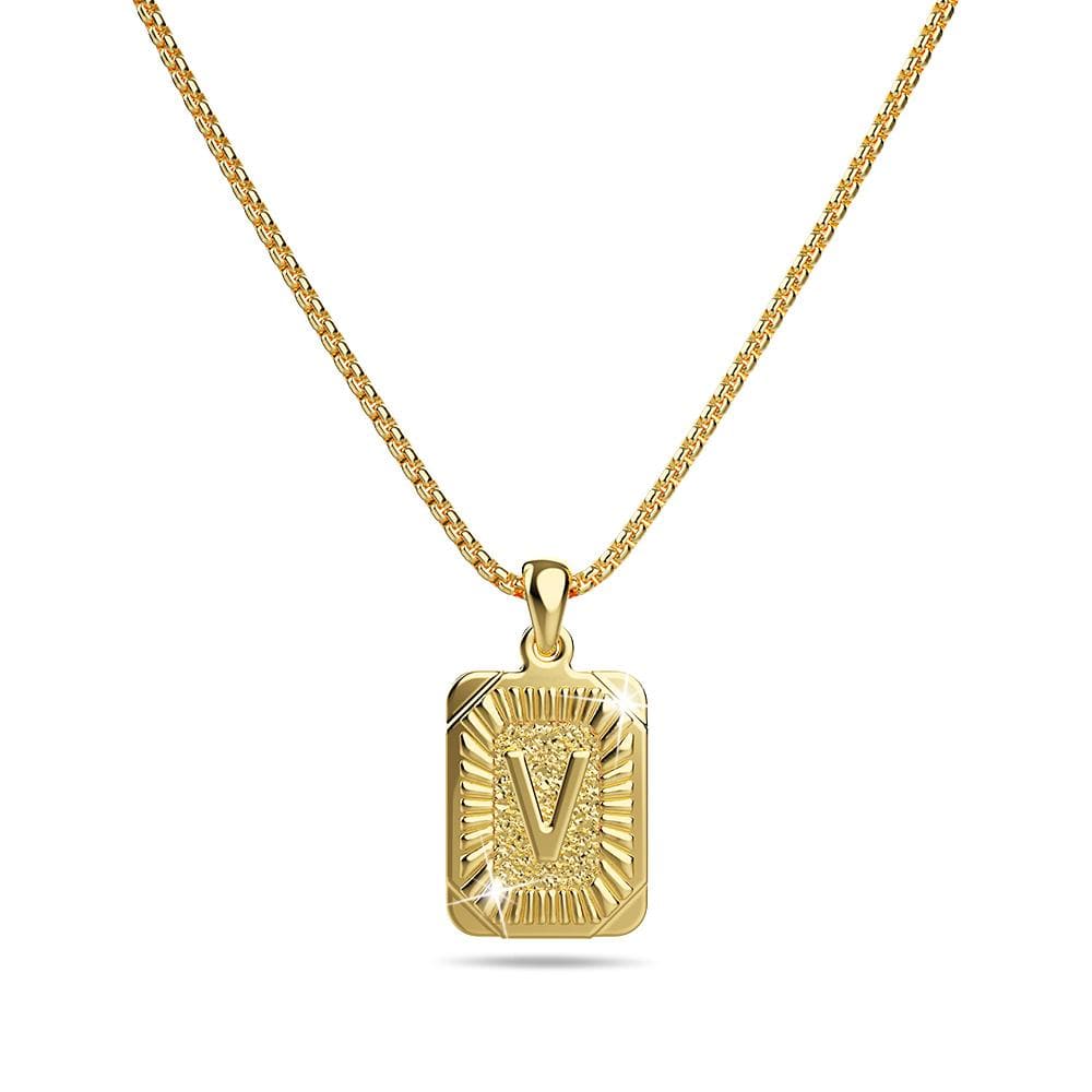 Vintage Inspired Initial Medal Gold Bar Pendant Round Box Chain Necklace - 86