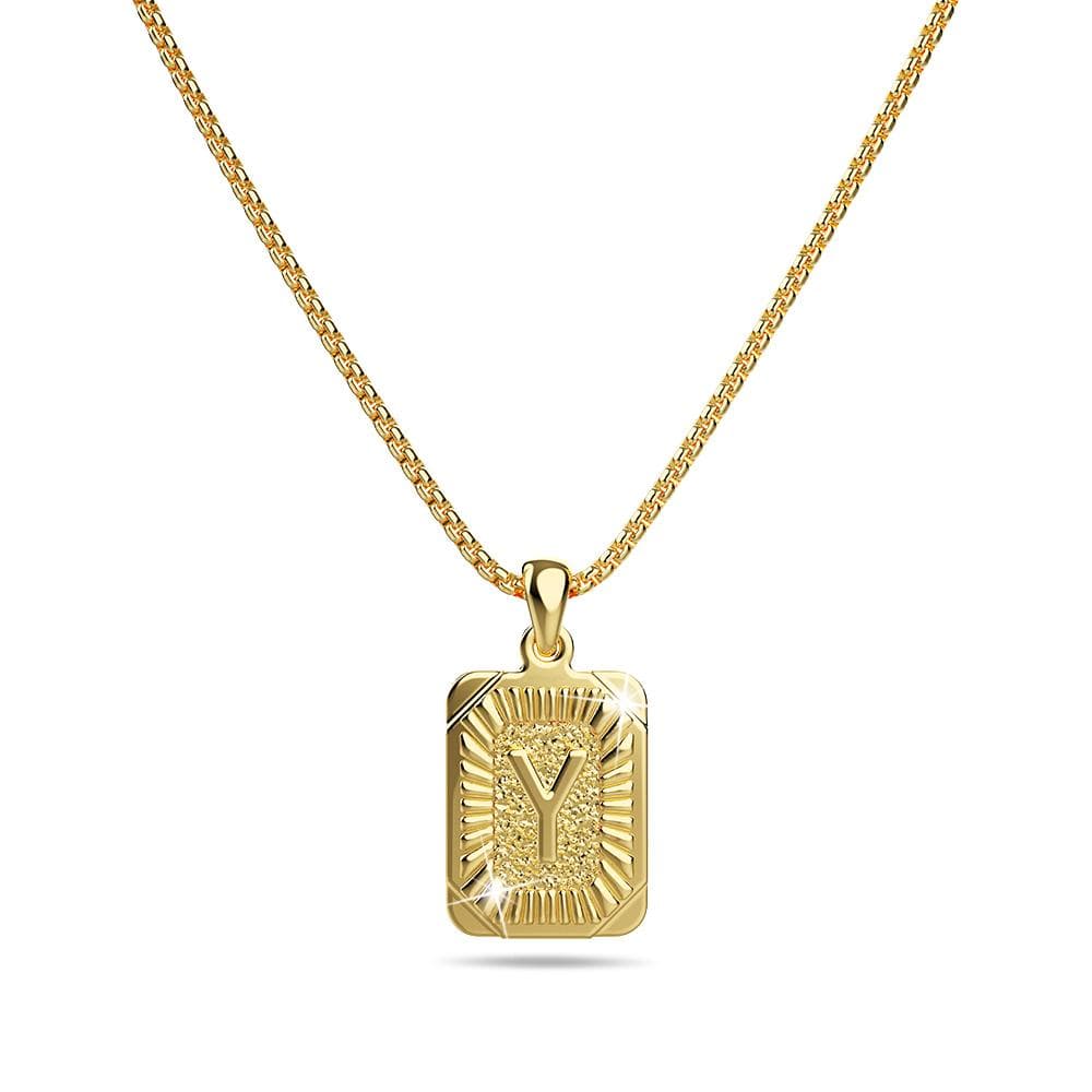 Vintage Inspired Initial Medal Gold Bar Pendant Round Box Chain Necklace - 98