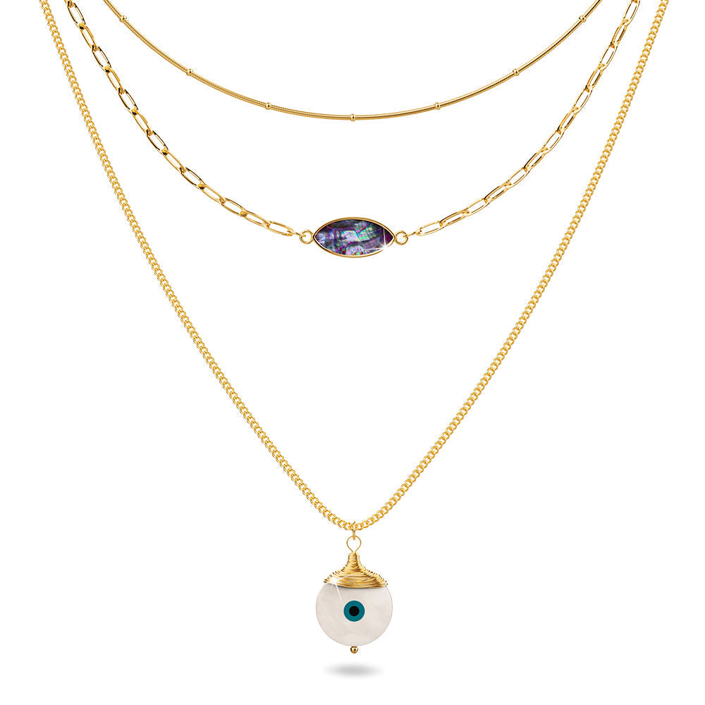 Gold Copper Evil Eye With Tooth Charm Layered Necklace - Jewenoir