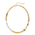 Paperclip Cuban Chain Link Pearl Necklace in Gold