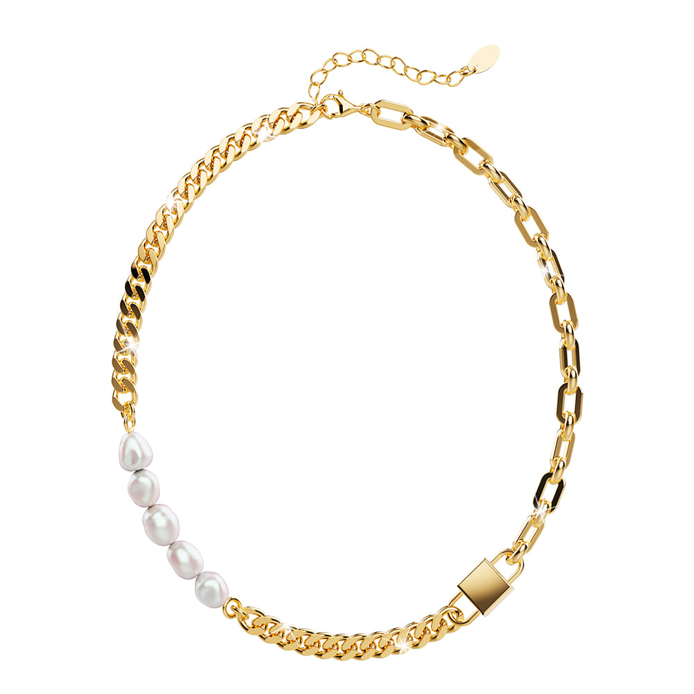 Paperclip Cuban Chain Link Pearl Necklace in Gold