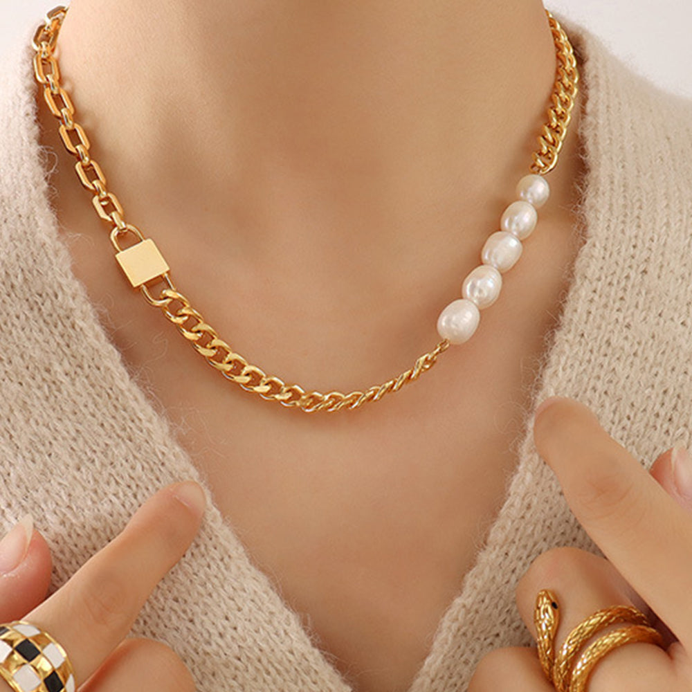 Paperclip Cuban Chain Link Pearl Necklace in Gold