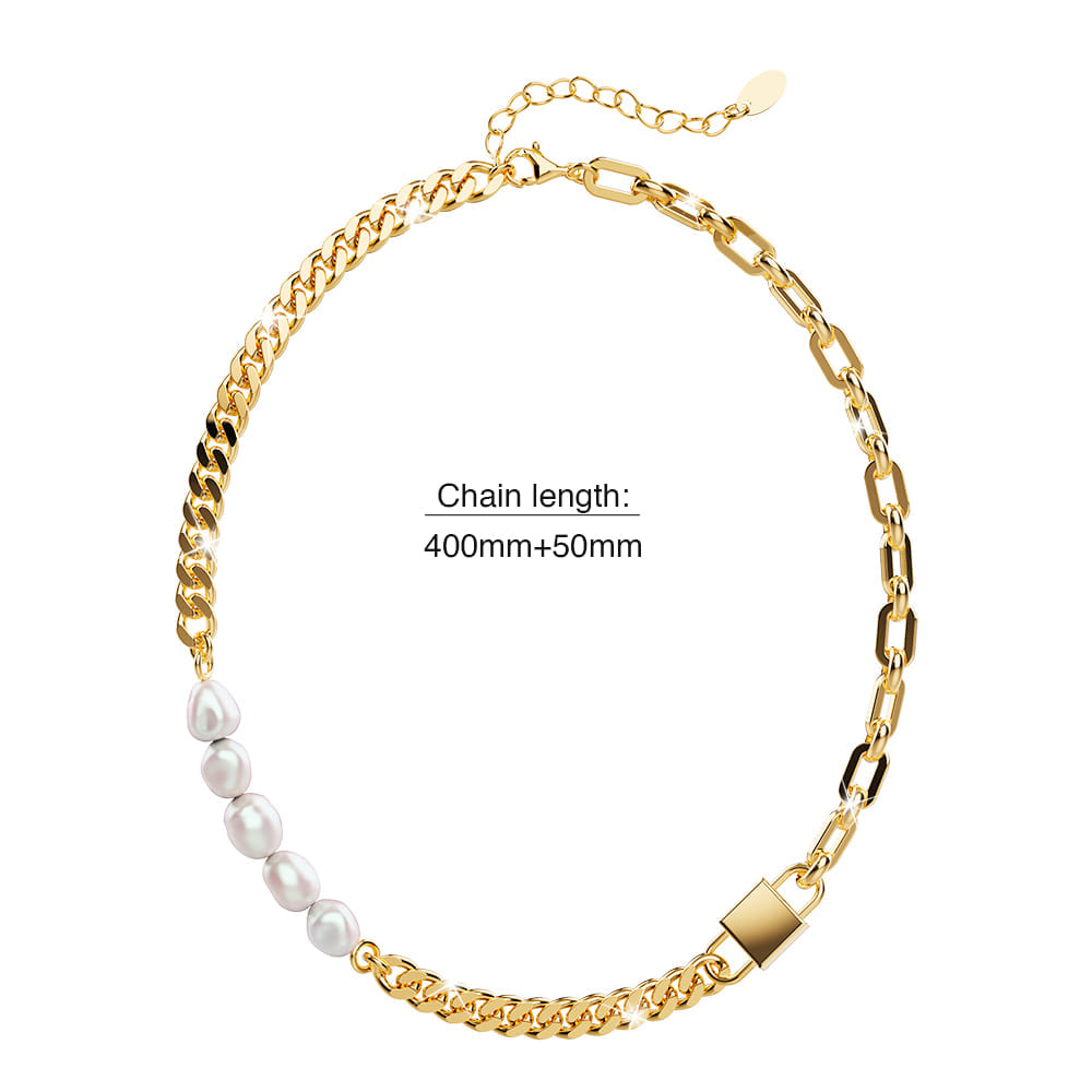 Paperclip Cuban Chain Link Pearl Necklace in Gold