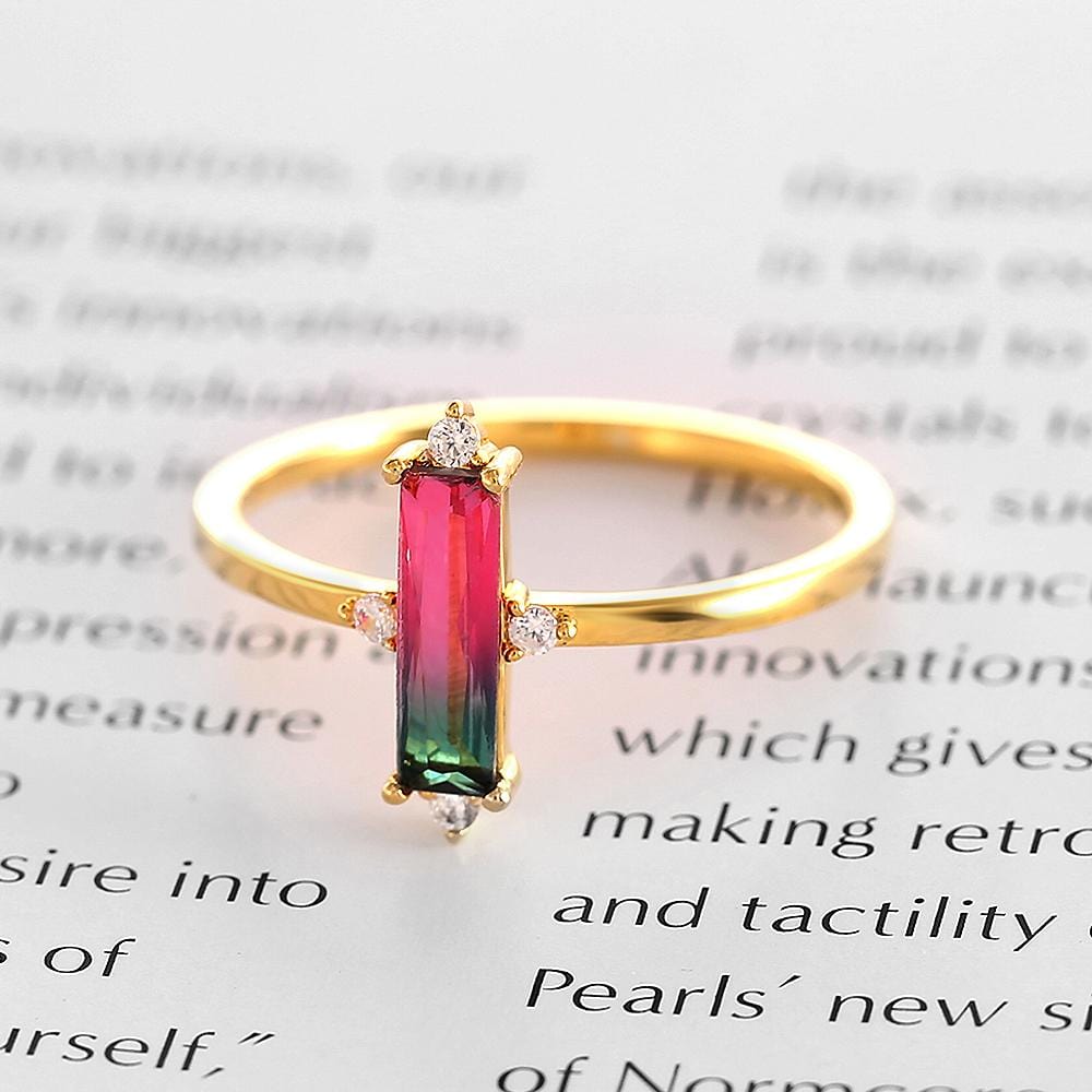 Slim Red Green Gradient Coloured Bar Gold Layered Band Ring