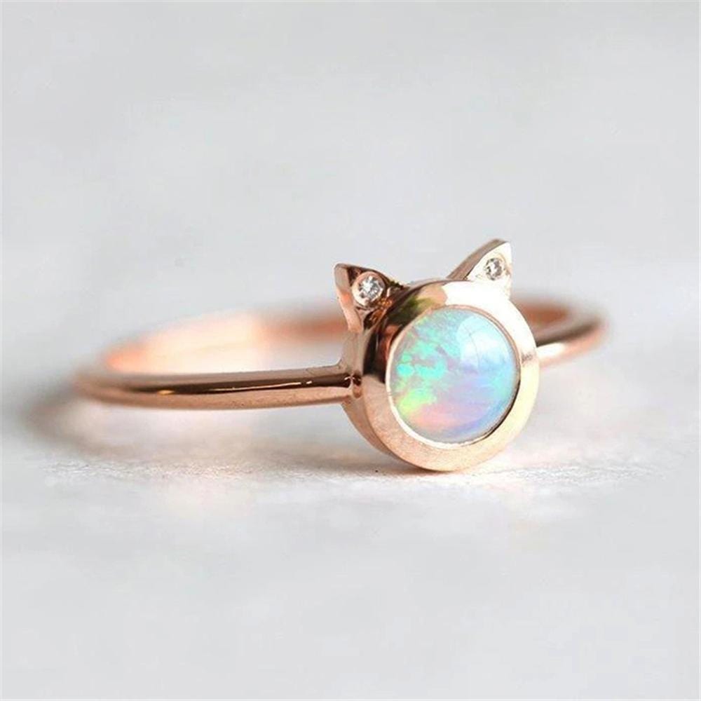 Kitty Cat Imitation Opal Rose Gold Layered Ring