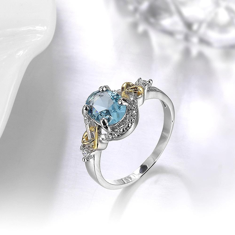 Blue Oval with Heart Statement White Gold Layered Band Ring