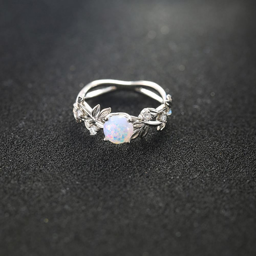 Fancy Cabochon Imitation Opal and CZ White Gold Layered Band Ring