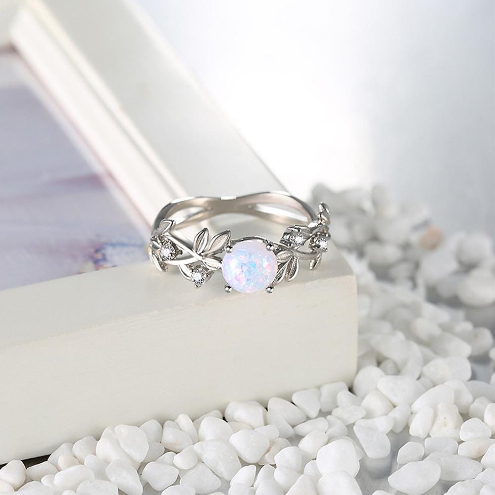 Fancy Cabochon Imitation Opal and CZ White Gold Layered Band Ring