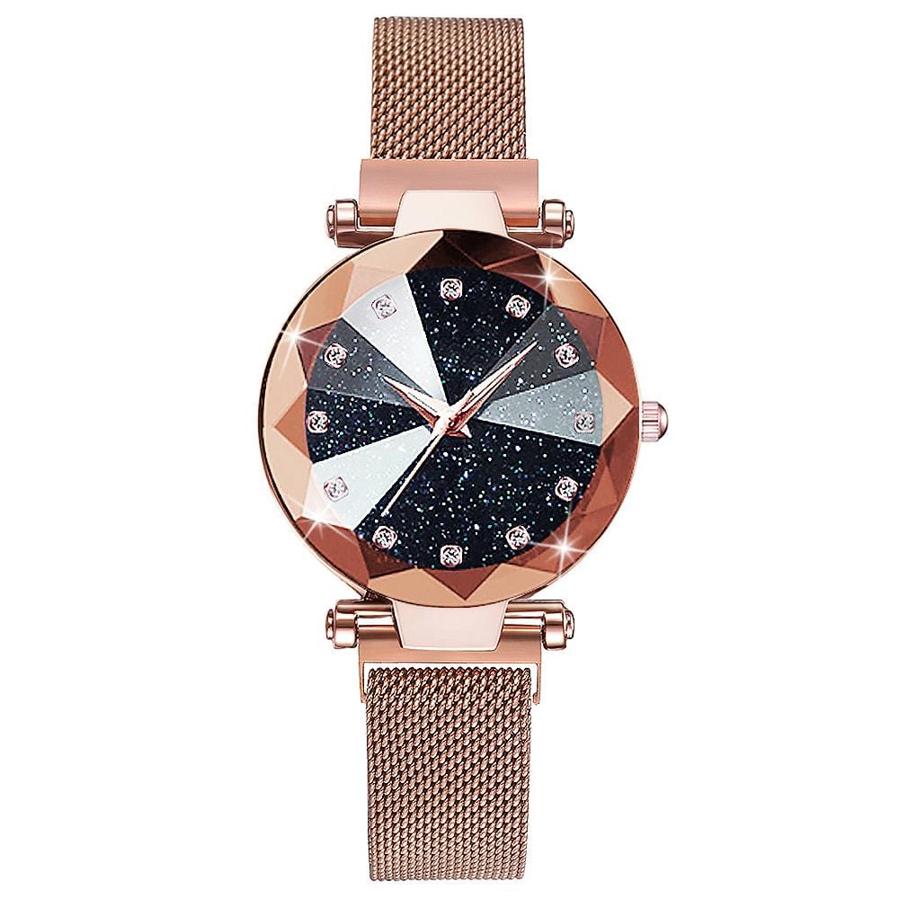 Bullion Gold Sparkly Black Glass Rose Gold Watch Embellished with Rhinestone - Brilliant Co