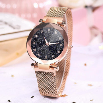Bullion Gold Sparkly Black Glass Rose Gold Watch Embellished with Rhinestone - Brilliant Co