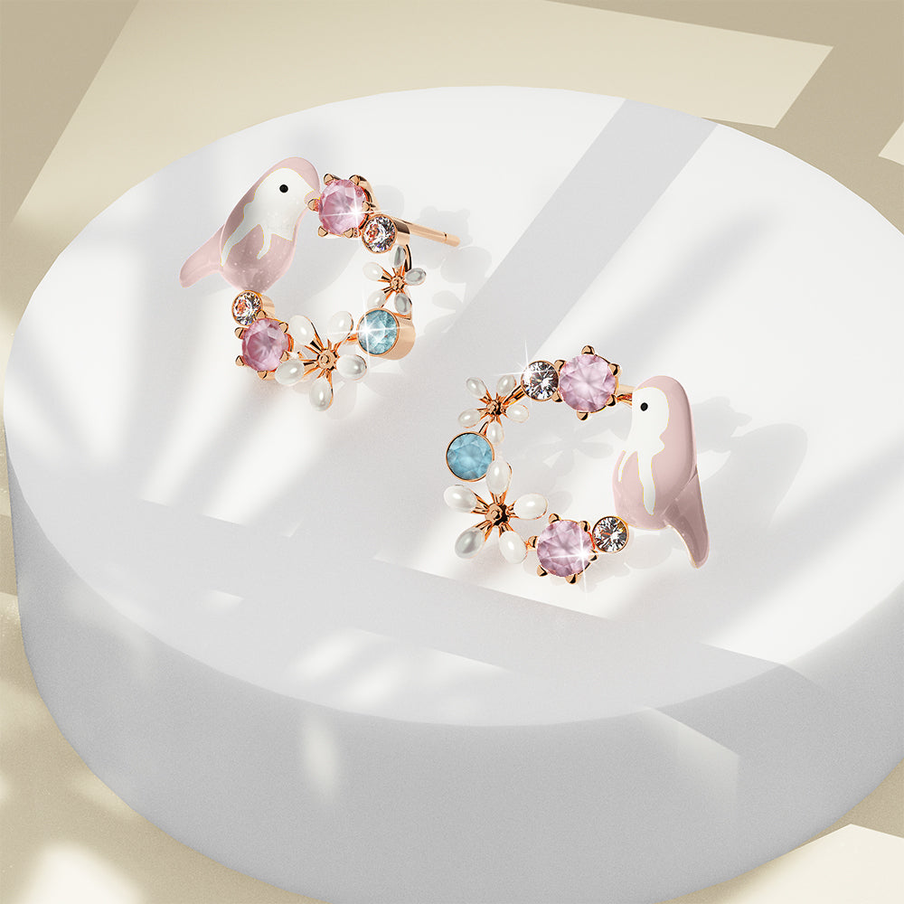 Pink Bird and Multicolour Floral Austrian Crystal Stud Earrings