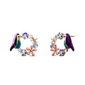 Purple Bird and Multicolour Floral Austrian Crystal Stud Earrings
