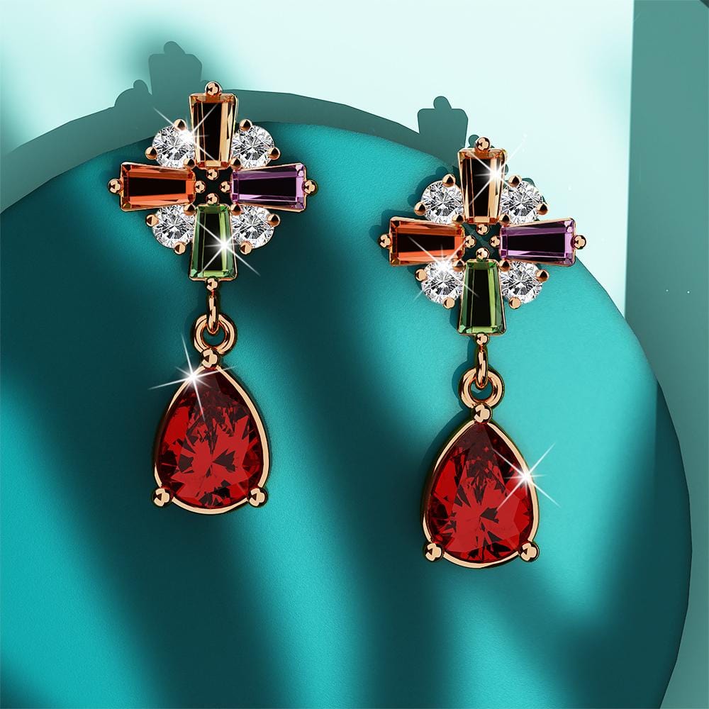 Rose Gold Plated Many-Hues Cross and Ruby Red Teardrop Earrings