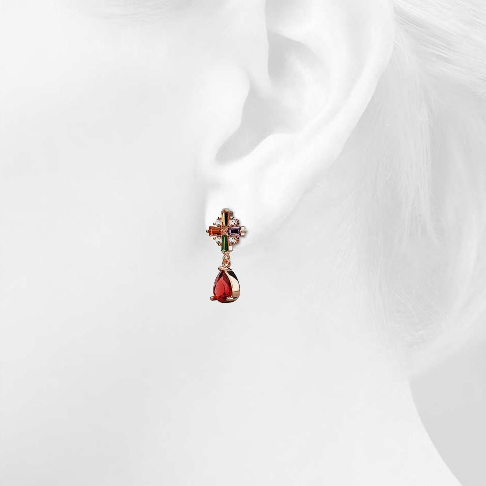 Rose Gold Plated Many-Hues Cross and Ruby Red Teardrop Earrings