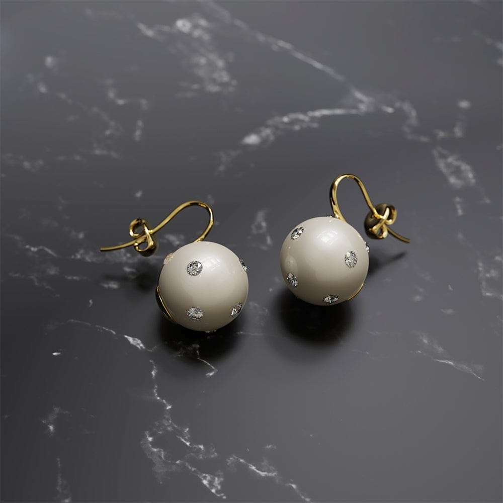 Crystal Embellished Large Round Shell Pearl Hook Back Earrings
