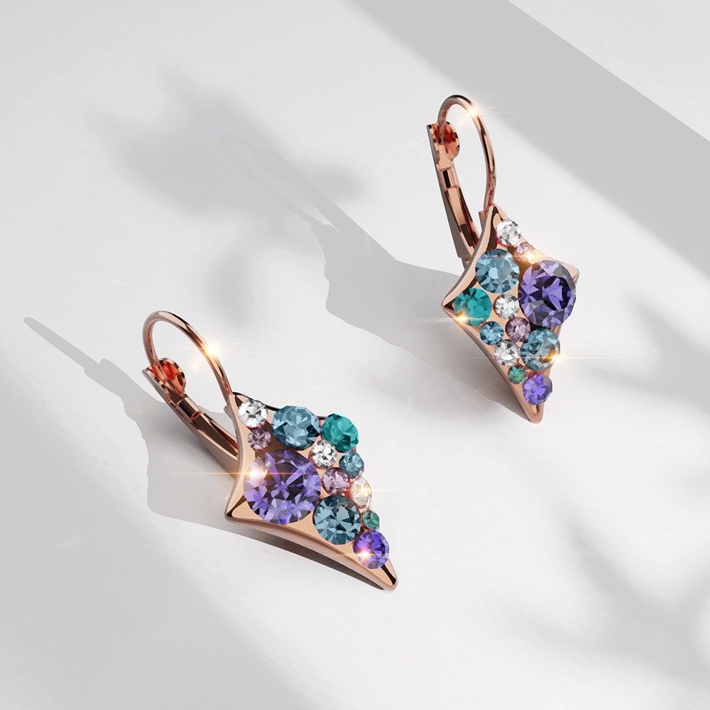 Shades of Blue Clustered Crystals Leverback Earrings in Rose Gold