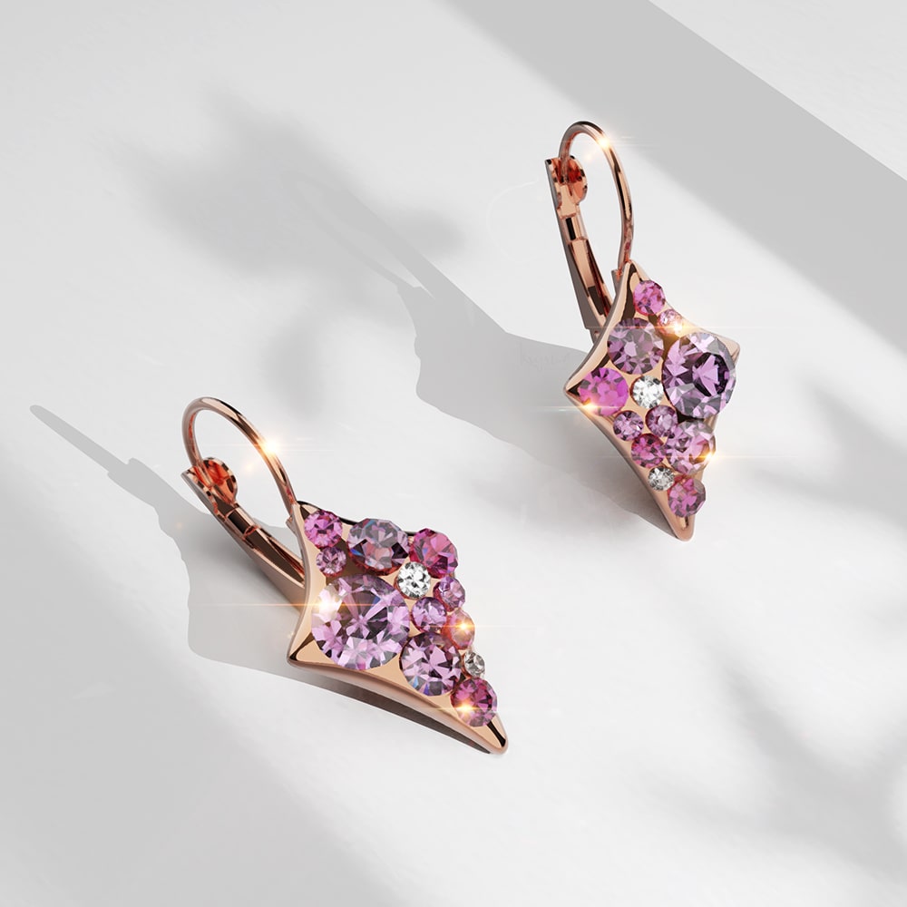50 Shades Of Pink Clustered Crystals Leverback Earrings In Rose Gold
