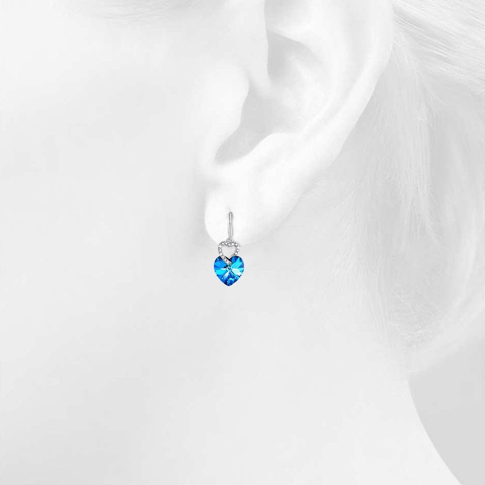 Duo Heart Shaped Brilliant Blue Hook Earrings Embellished with Crystals from Swarovski