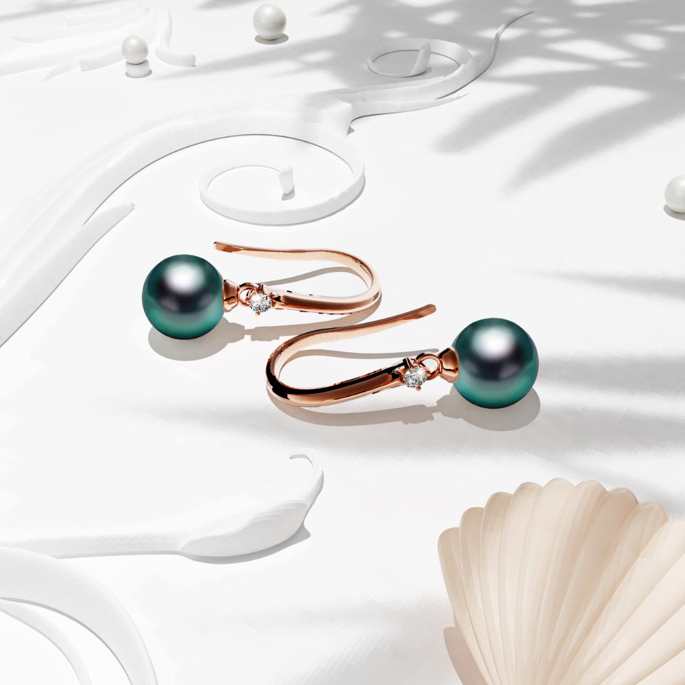 Magnificent Pearl Hook Rose Gold Earrings Embellished with SWAROVSKI® Crystal Iridescent Tahitian Look Pearls