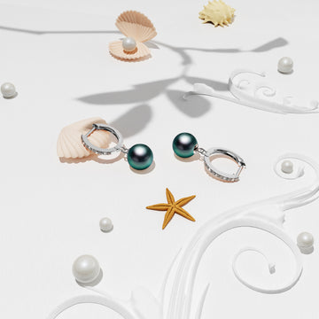Flawless Pearl Drop Hoop Earrings Embellished with SWAROVSKI® Crystal Iridescent Tahitian Look Pearls