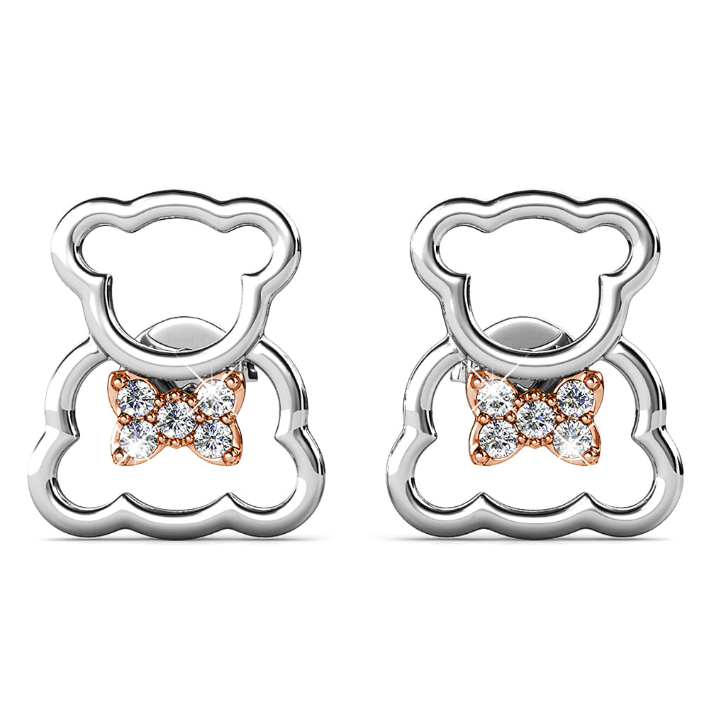 Teddy Bear with Ribbon Dual Tone Stud Earrings Embellished With Swarovski¬Æ crystals