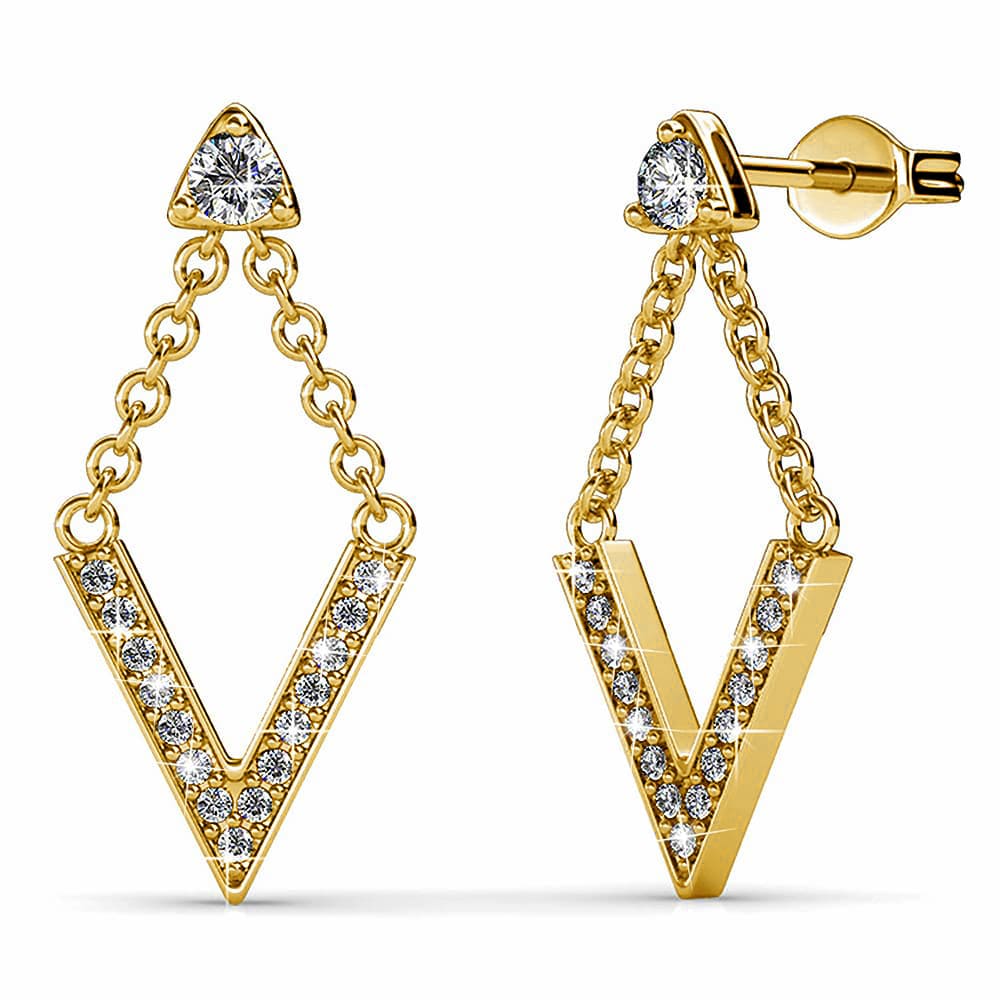 Luxury V Shaped Stud Earrings in White Gold Embellished with Swarovski Crystals in Gold