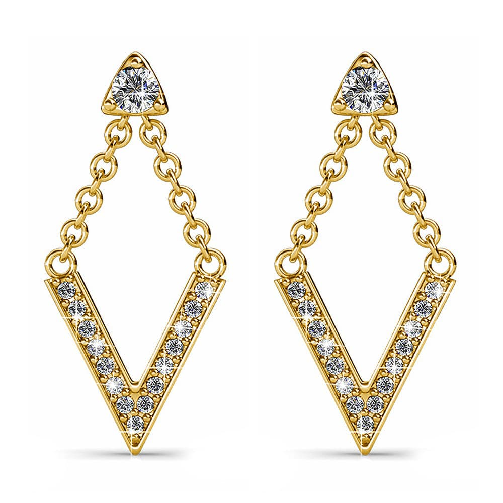 Luxury V Shaped Stud Earrings in White Gold Embellished with Swarovski Crystals in Gold