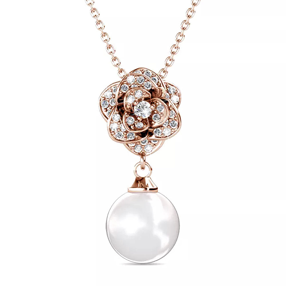 Flower Blush Necklace Embellished with Swarovski Pearls in Rose Gold