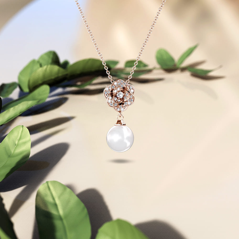 Flower Blush Necklace Embellished with Swarovski Pearls in Rose Gold