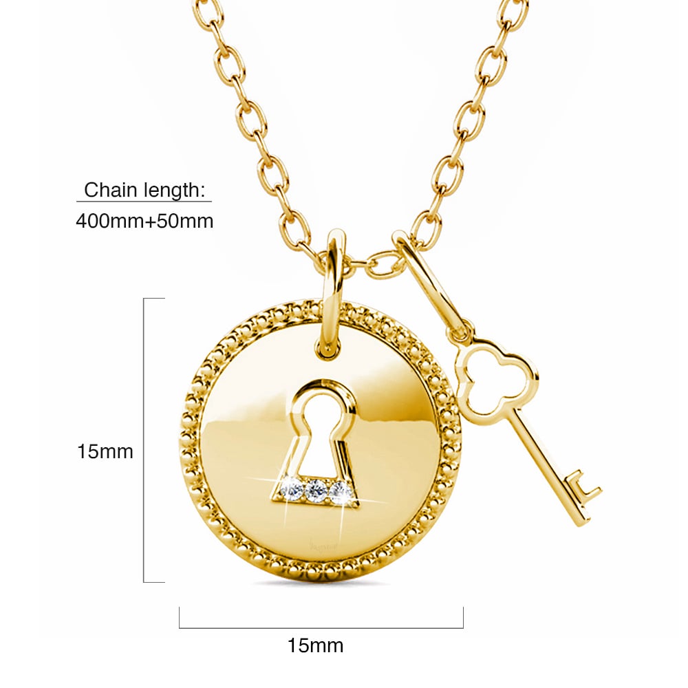 Gold Pad Lock With Heart Keys Double Pendant Necklace Embellished with Swarovski Crystals