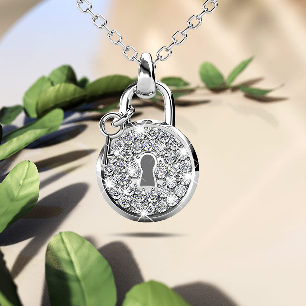 White Gold Pave Set Padlock Necklace Embellished with Swarovski Crystals