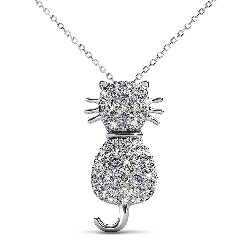 White Gold Pave Set Feline Cat Necklace Embellished with Swarovski¬Æ crystals
