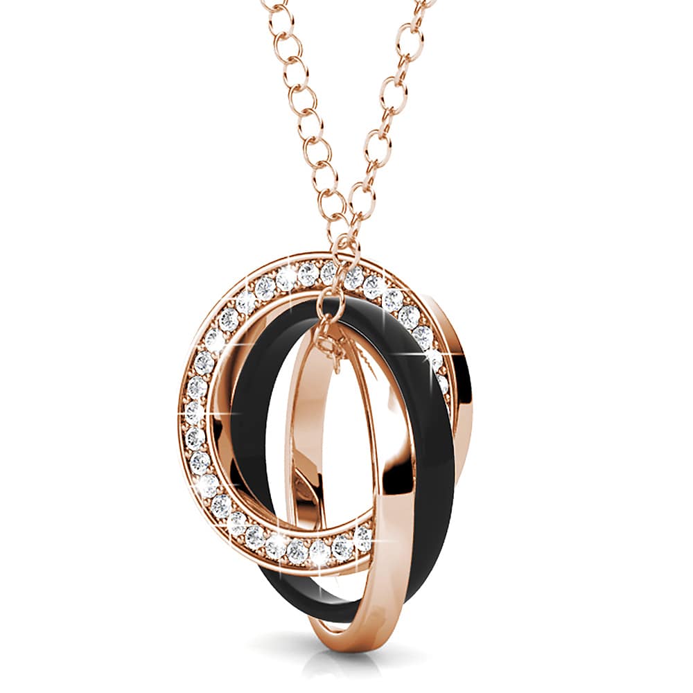 Rose Gold Triple Interlocking Ring Black Pendant Necklace Embellished with Swarovski crystals