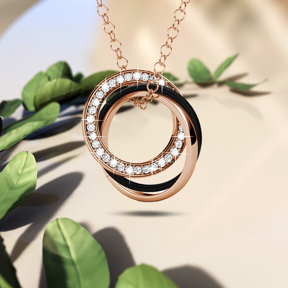 Rose Gold Triple Interlocking Ring Black Pendant Necklace Embellished with Swarovski crystals