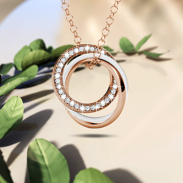 Rose Gold Triple Interlocking Ring White Pendant Necklace Embellished with Swarovski crystals