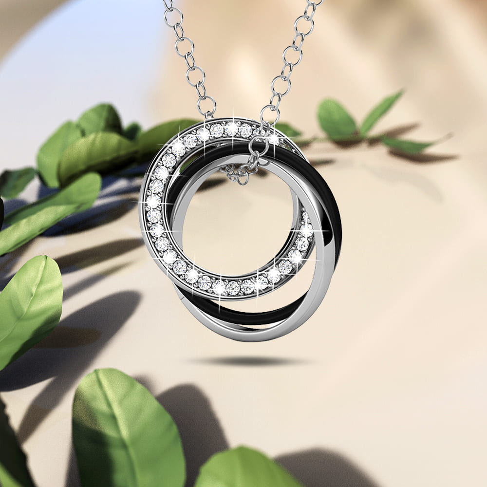 White Gold Triple Interlocking Ring Black Pendant Necklace Embellished with Swarovski crystals
